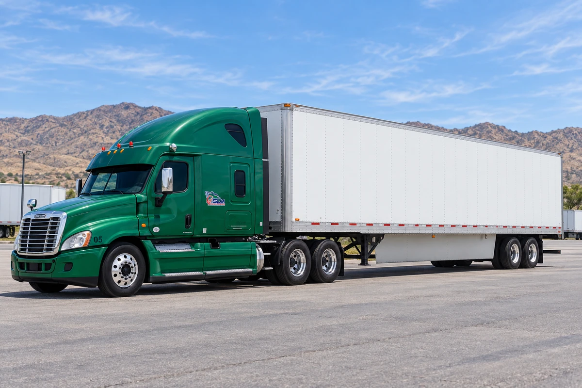 Composición ilustrativa de Freightliner verde con caja seca