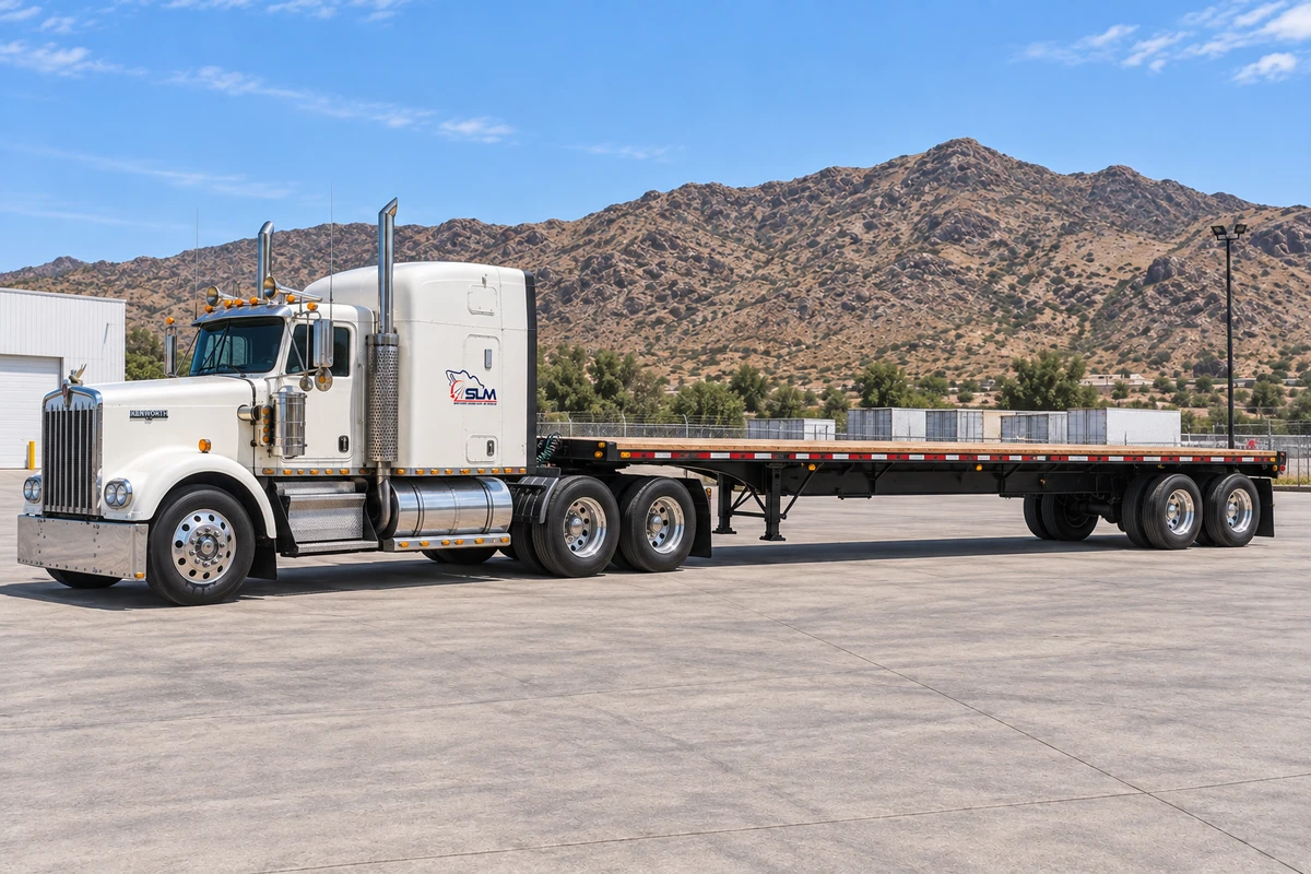 Composición ilustrativa de Kenworth blanco con plataforma vacía